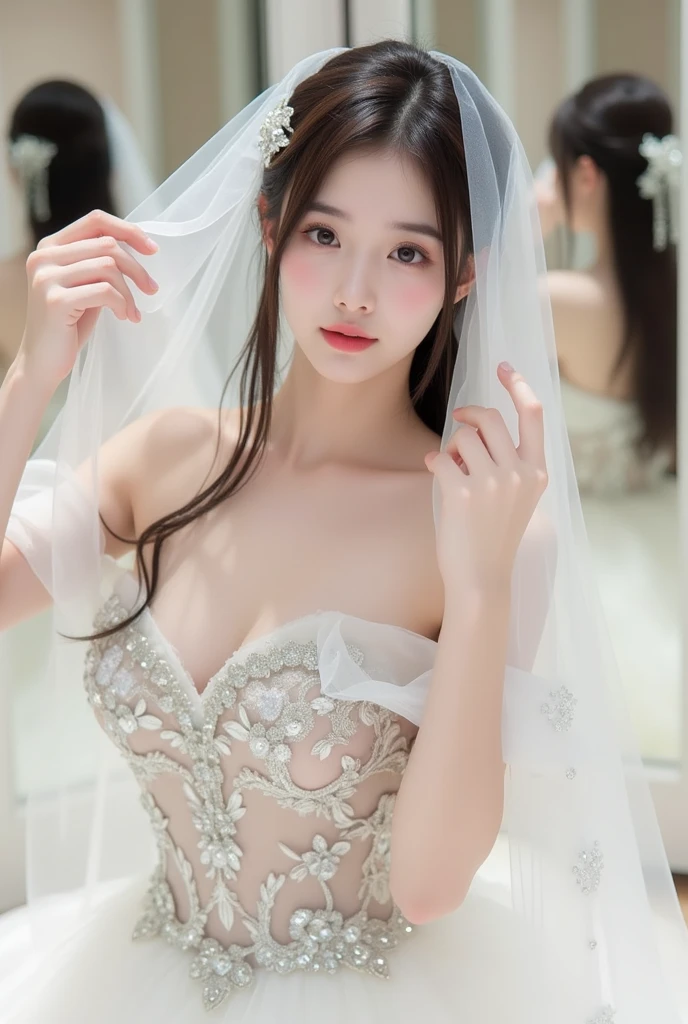 (Good structure),SLR quality,Depth of Field,view,Dynamic poses,Friendly Smile,Transparent blue and white porcelain PVC leather,Transparent blue and white porcelain skin scales,Prism,holographic,Chromatic Aberration,Fashion Illustration,masterpiece,Chinese Dragon and Harajuku Fashion,Looking at the audience,8k,Super detailed,Wedding dress,Big breasts