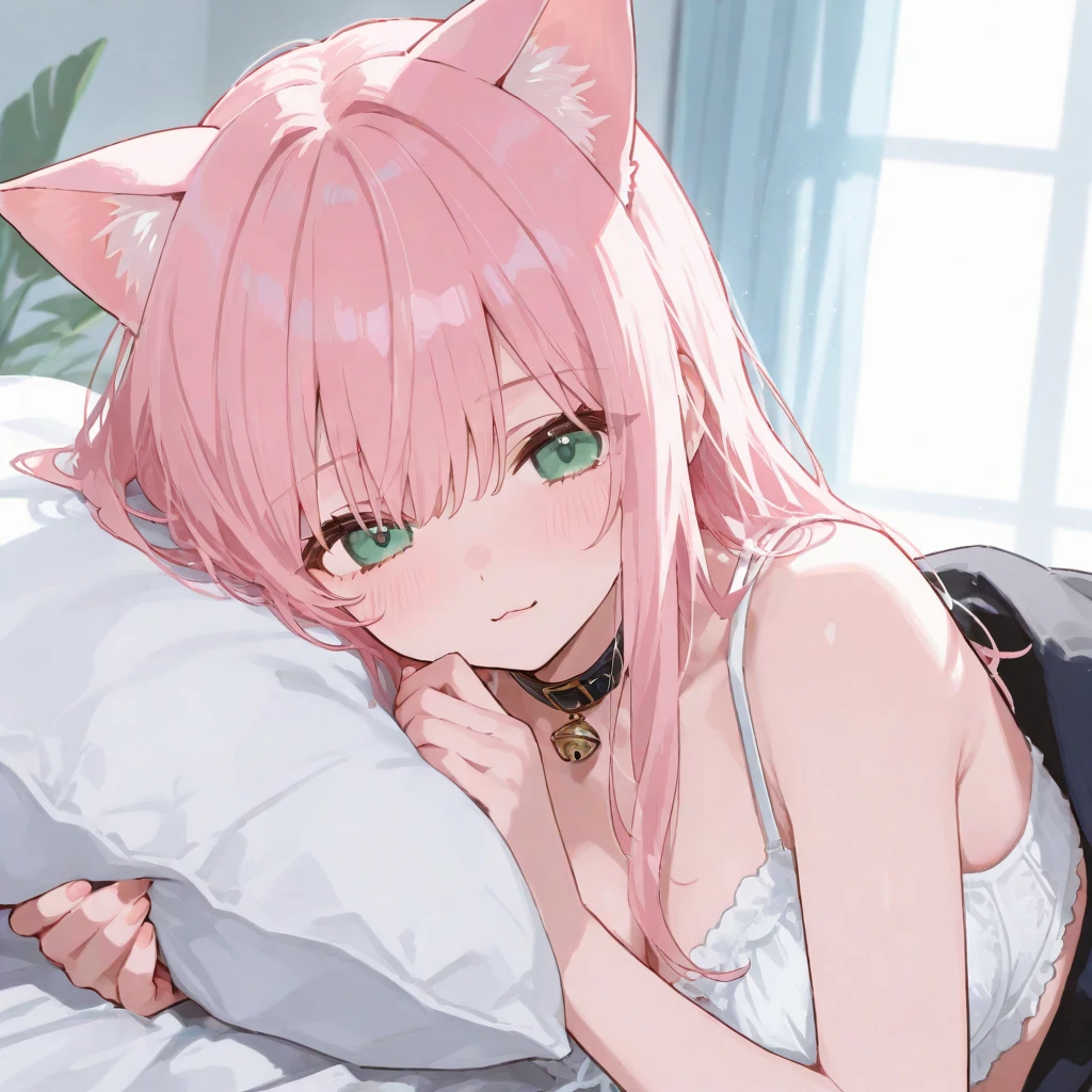 Anime girl lying on the sofa, her hands supporting her head, seductive anime girl, pixiv 3dcg, anime cat girl, Cute anime cat girl, Limuru, relaxed posture, beautiful anime cat girl, relaxing on the sofa, highest rating on pixiv, pixiv, on pixiv, very beautiful anime cat girl, pink hair, medium chest.