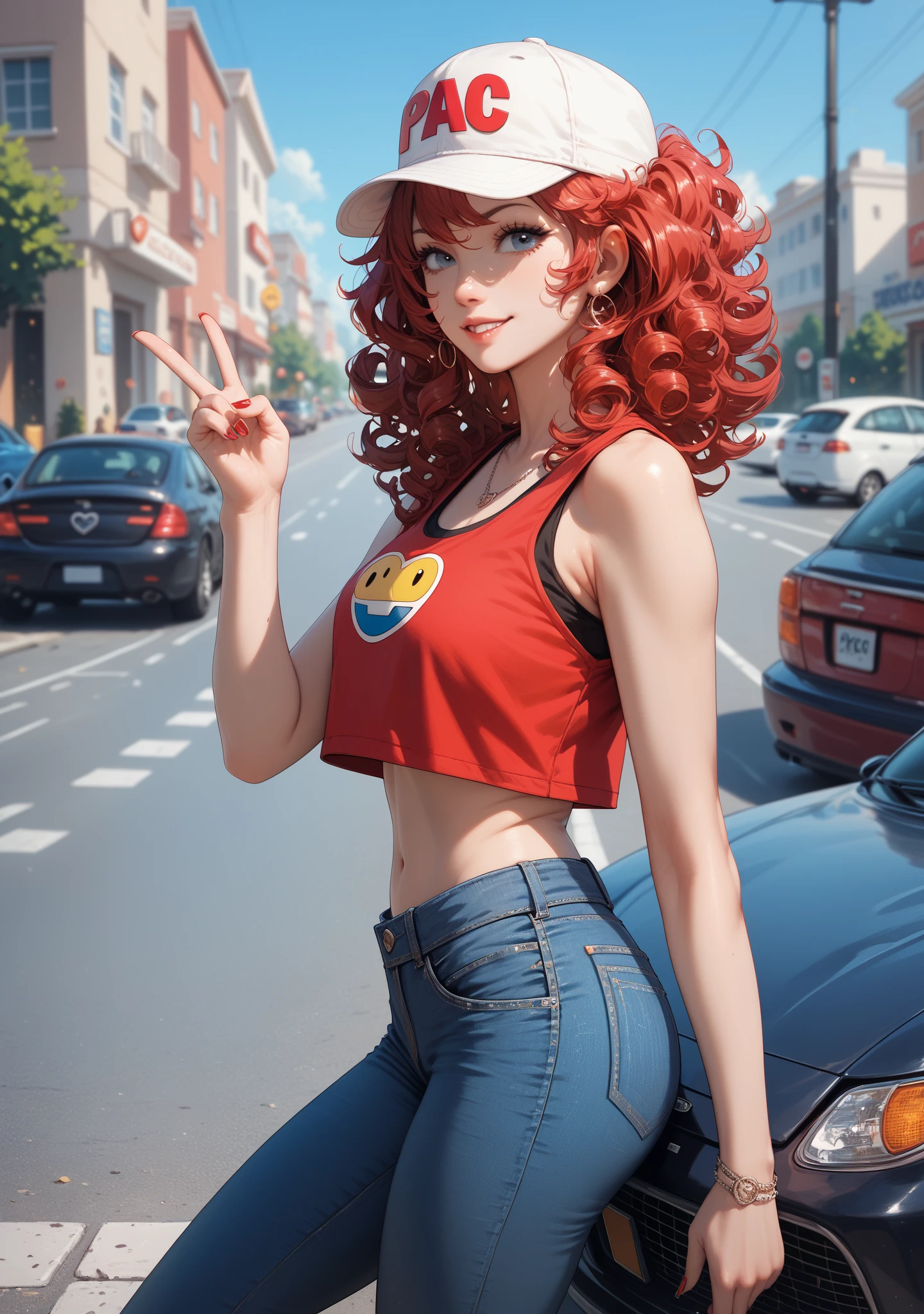 high quality, 1girl, curly hair, red hair, in a parking lot, jeans, crop top with pac-man image, cap, rock sign