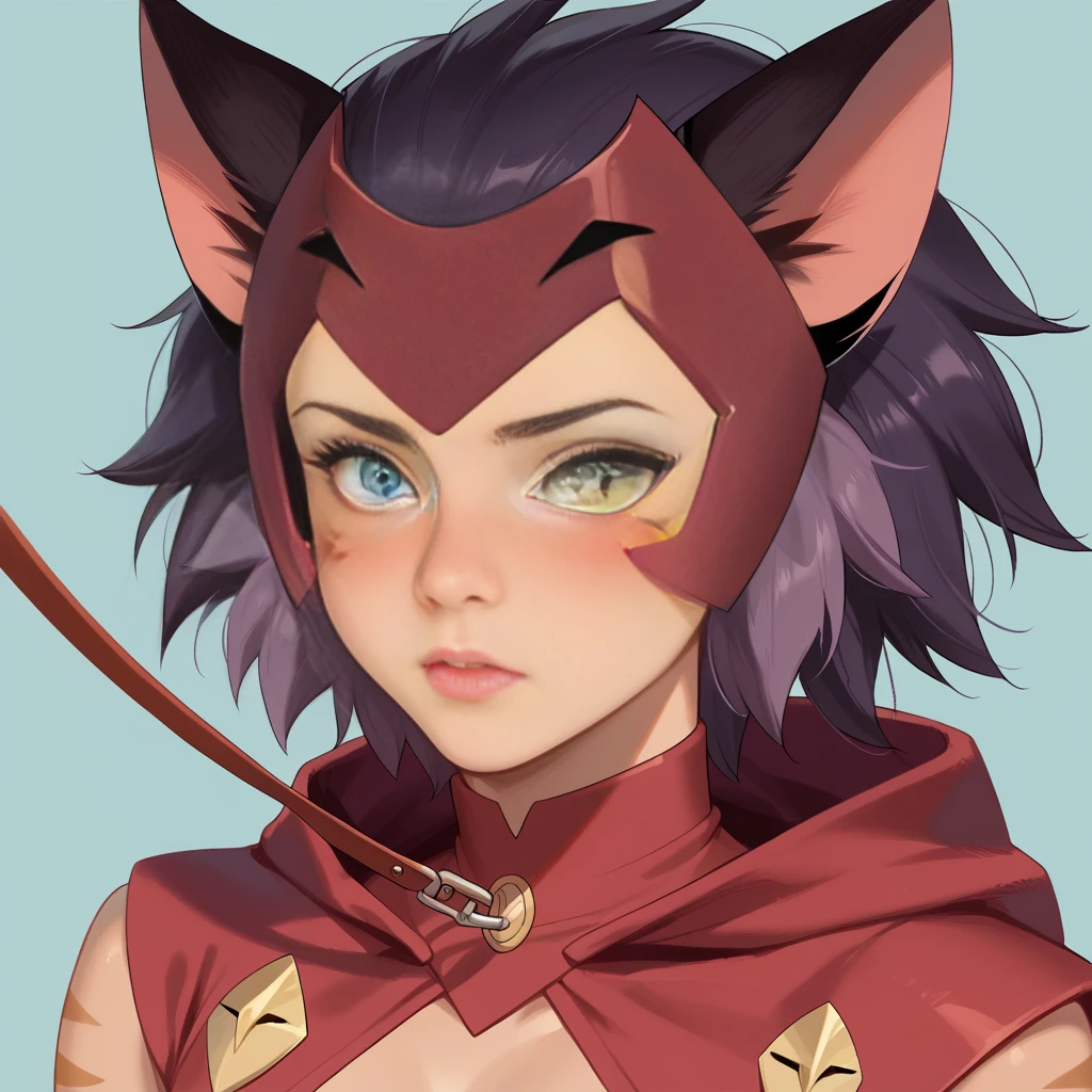 <lora:last:0.70> masterpiece, best quality, 1girl, solo, catra in a suit, heterochromia, upper body, weapon over shoulder,