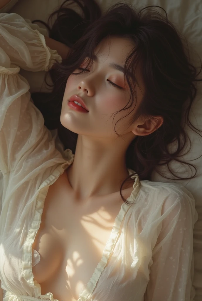 (((best quality))),(((ultra detailed))),(((masterpiece))),illustration,((1 beautiful young girl,solo,)),((slim,thin)),((small breasts,flat chest)),(shoulder length straight bob hair:1.2),(round face:1.2),delicate, sitting on the chair beside the dining table,(strapless lace bra:1.3),luxurious, exquisite, smooth skin, delicate facial features, pouted lips, doll-like appearance,(a cup of coffee:1.3), blinking,((close eyes,open mouth,female orgasmic,blush,ahegao, tongue sticking out)), exhaling, soft light, warm glow, pitch-black kitchen, dim light, eerie atmosphere, mysterious, soft hum, air conditioner, ticking clock, tranquil, ominous, otherworldly feel,darkness, loneliness, unaware, world outside,(from front,close-up of face),(night scene:1.5)