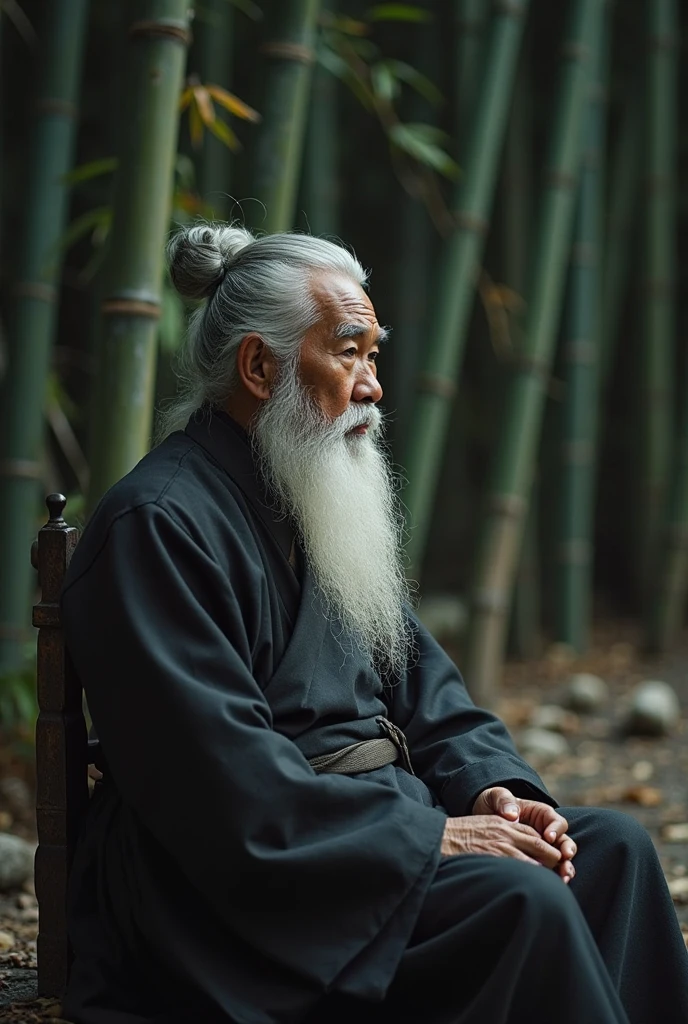 cinematic film still chocolate, cA senior Asian man, with long, white hair styled in a bun, is seated. He has a substantial white beard and a contemplative expression. He is dressed in a long, dark robe or garment, suggesting traditional Asian attire. The man is positioned slightly to the left of center in the frame, facing to his right, looking away from the viewer. He appears relaxed and composed, sitting outdoors in a serene, natural setting.  The background is a dense bamboo forest, with the focus primarily on the man. The lighting is soft and diffused, creating a calm atmosphere. The image's style is cinematic, likely from a movie or a film still.  The colors are muted, with earth tones and shades of gray predominating, creating a peaceful mood.  Important details include the man's serene expression and the tranquil background.hocolate cake, dark background, quality photo, moist texture, frosting, studio photo, slice . shallow depth of field, vignette, highly detailed, high budget, bokeh, cinemascope, moody, epic, gorgeous, film grain, grainy