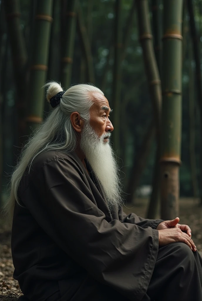 cinematic film still chocolate, cA senior Asian man, with long, white hair styled in a bun, is seated. He has a substantial white beard and a contemplative expression. He is dressed in a long, dark robe or garment, suggesting traditional Asian attire. The man is positioned slightly to the left of center in the frame, facing to his right, looking away from the viewer. He appears relaxed and composed, sitting outdoors in a serene, natural setting.  The background is a dense bamboo forest, with the focus primarily on the man. The lighting is soft and diffused, creating a calm atmosphere. The image's style is cinematic, likely from a movie or a film still.  The colors are muted, with earth tones and shades of gray predominating, creating a peaceful mood.  Important details include the man's serene expression and the tranquil background.hocolate cake, dark background, quality photo, moist texture, frosting, studio photo, slice . shallow depth of field, vignette, highly detailed, high budget, bokeh, cinemascope, moody, epic, gorgeous, film grain, grainy