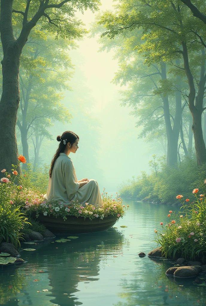 Create best pic of greenish nature, fresh air, with a flowing stream and my pic poet on flowery boat, appealing my heart