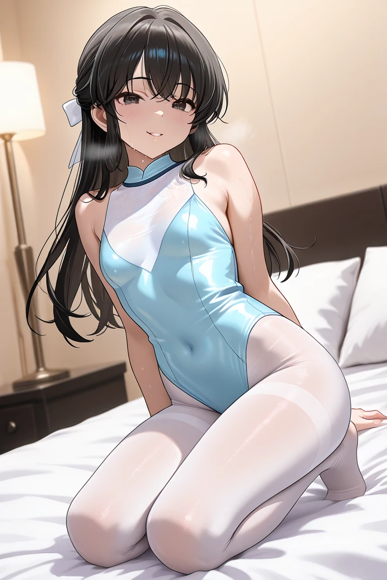 highest quality、Highest quality、Beautiful eyes、Very delicate and beautiful、Beautiful eyes、Pink Eyes、Soio、Soio、11-year-old girl、Japanese、、Chiquita、Noble、Primary school students、Black Hair、barefoot、(Judo)、(((White leotard)))、(High leg)、Tiara on head、smile、Standing, facing forward、The background is the changing room