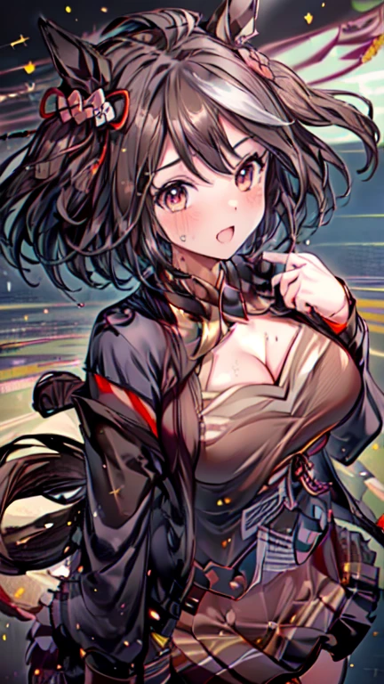Screenshot from the anime My hero academy A girl with shoulder-length black hair with red highlights, his eyes are blue, She has a big bust, His skin is white and he has black magic with purple touches in his hands.