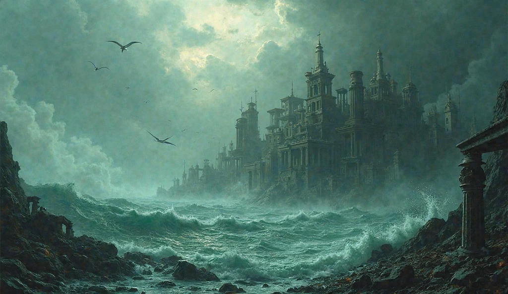 Rough ocean covering an ancient city (simulating the "Universal flood"). 
