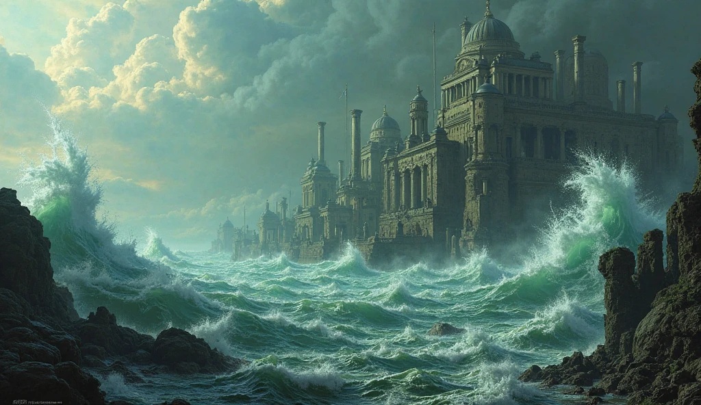 Rough ocean covering an ancient city (simulating the "Universal flood"). 