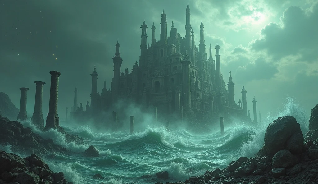 Rough ocean covering an ancient city (simulating the "Universal flood"). 