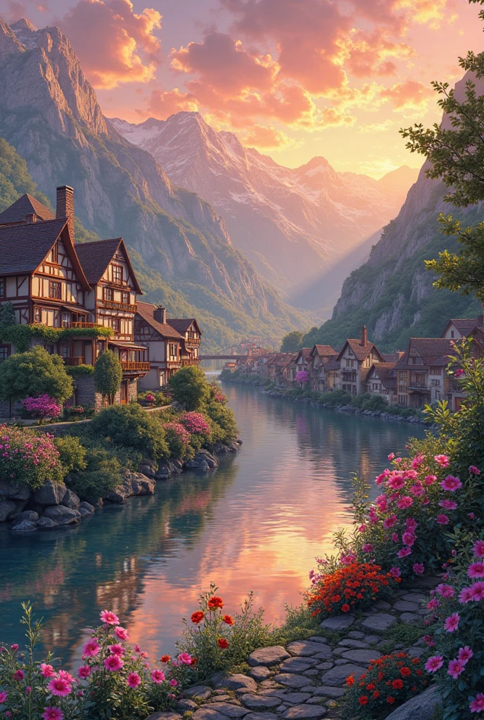 A small town by the river, mountains in the background, colorful floral flowers, detailed landscape, beautiful natural landscapes, atmospheric lighting, scorching sunset, warm colors, practical, photographic, detailed foliage, complex buildings, cobblestone street, charming country house, vibrant colors, lush vegetation, reflections in the water,  picturesque, idyllic, artwork, better quality, 8K, extremely detailed, anime style