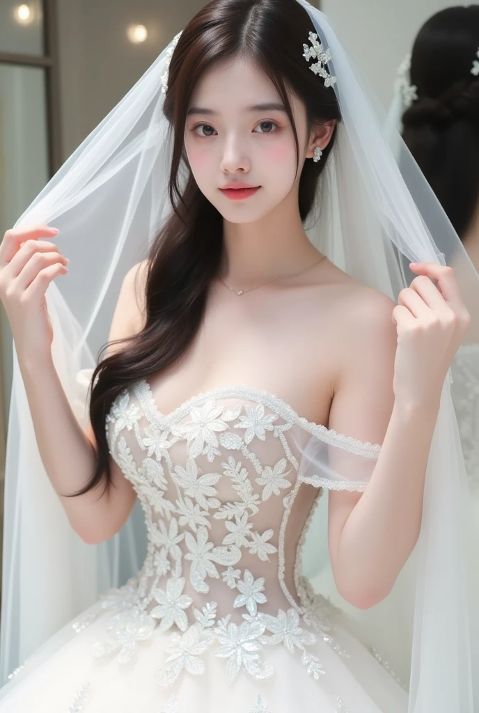 A girl standing and she's wearing a white long wedding dress, hold a flower, beautiful and long brown hair and perfect body figure