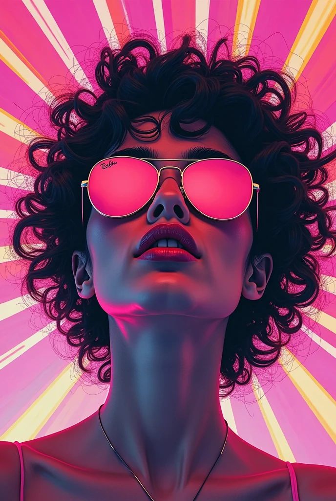 a psychedelic radiance background in pink, pinkish pink, light pink, and purple and yellow - ultra HD in gradient.
a brunette woman with tightly curled black power hair wearing fluorescent pink mirrored Ray-Ban sunglasses. Retro style. Thick white pen outline around the woman. who is holding her head up.