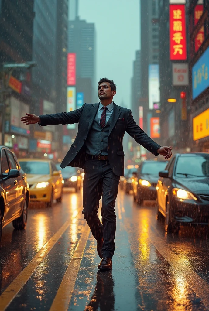 A man in a suit dancing in the rain in the middle of a large metropolis amidst a traffic packed with cars