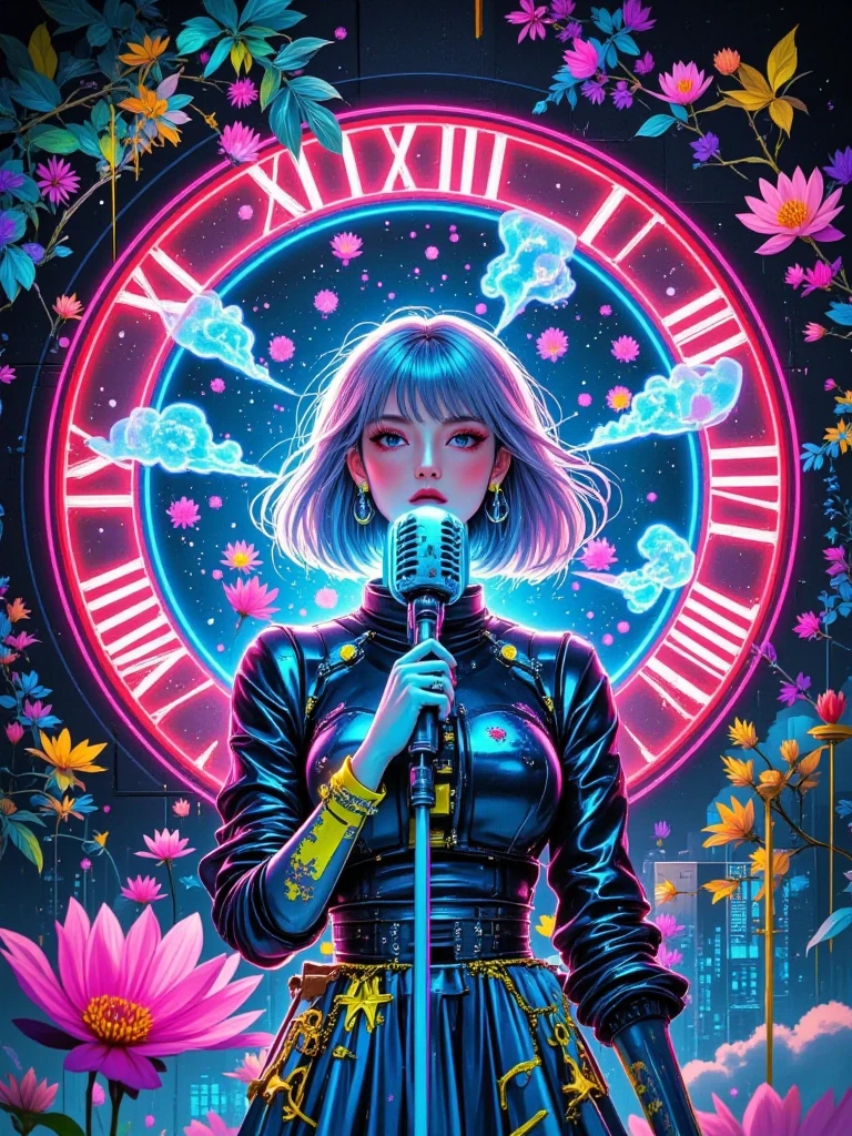 A cyber-European city suspended in Cold War memories：New art of baroque architecture fragments The vines flow with pink purple light，German binary love poem wafting through the cracks。A cybergirl with short silver hair holding a Dorfengen microphone in her hand，sound waves cause blue European Union neon ripples on the Parisian mosaic floor tile。The mechanical nightingale on her shoulder makes static noise，triggers an RGB separation fault on the cafe signboard - the letters flow into a constructivist totem。of Dali Watch's Golden Bear pendulum in the background，Holographic remnants of the rock scene where the Berlin Wall fell apart every time it shook。In 8K quality,，show the time code inlaid with vine nodes and the oxidation of microphone harnesses The green rust texture。