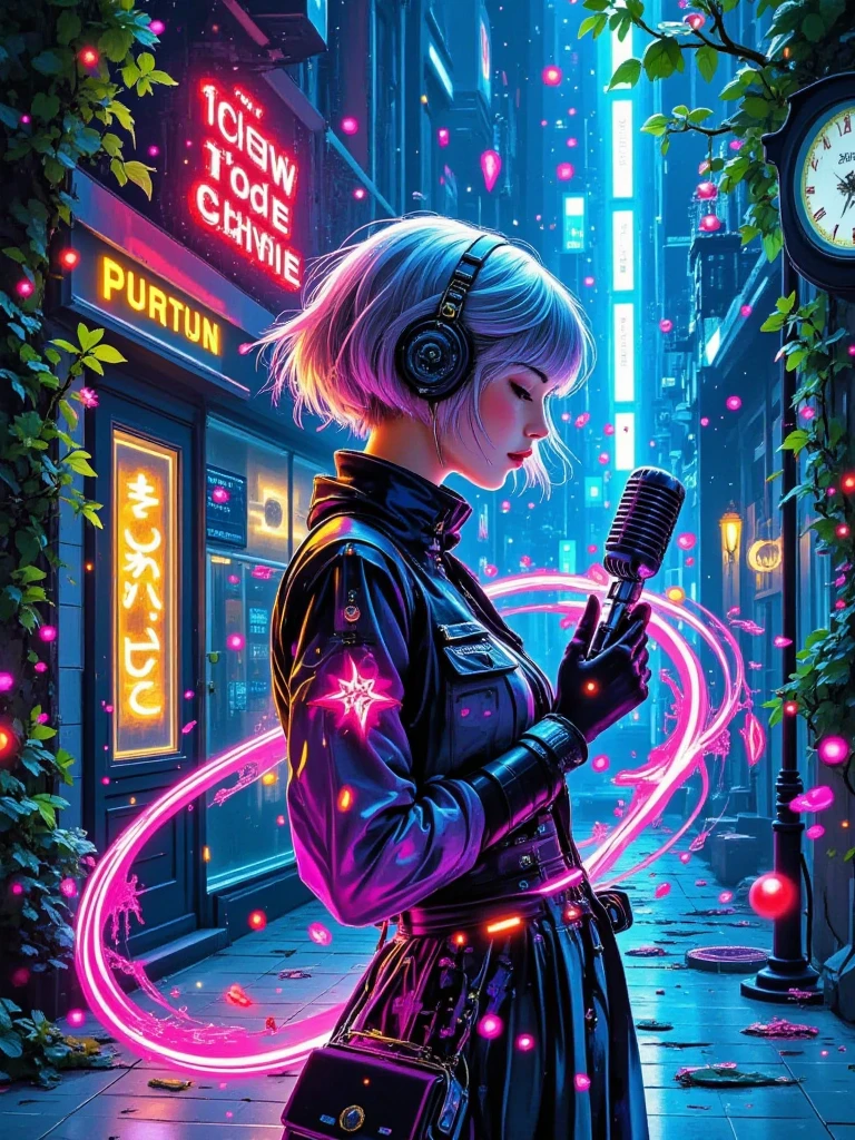 A cyber-European city suspended in Cold War memories：New art of baroque architecture fragments The vines flow with pink purple light，German binary love poem wafting through the cracks。A cybergirl with short silver hair holding a Dorfengen microphone in her hand，sound waves cause blue European Union neon ripples on the Parisian mosaic floor tile。The mechanical nightingale on her shoulder makes static noise，triggers an RGB separation fault on the cafe signboard - the letters flow into a constructivist totem。of Dali Watch's Golden Bear pendulum in the background，Holographic remnants of the rock scene where the Berlin Wall fell apart every time it shook。In 8K quality,，show the time code inlaid with vine nodes and the oxidation of microphone harnesses The green rust texture。