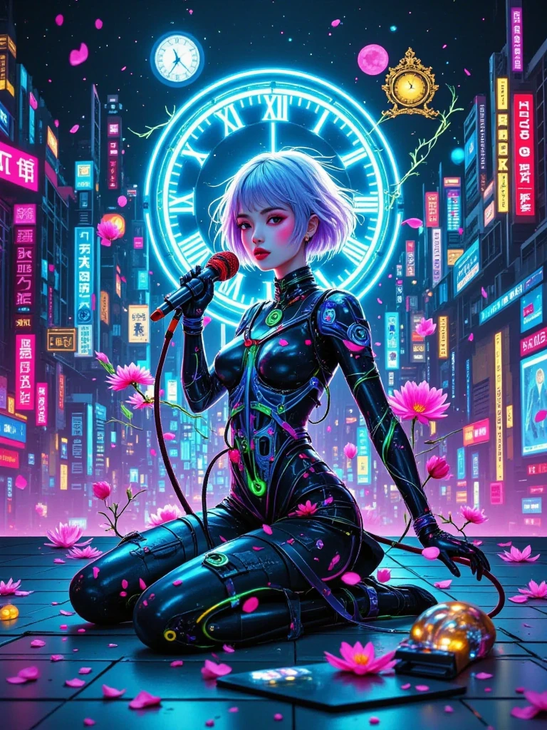 A cyber-European city suspended in Cold War memories：New art of baroque architecture fragments The vines flow with pink purple light，German binary love poem wafting through the cracks。A cybergirl with short silver hair holding a Dorfengen microphone in her hand，sound waves cause blue European Union neon ripples on the Parisian mosaic floor tile。The mechanical nightingale on her shoulder makes static noise，triggers an RGB separation fault on the cafe signboard - the letters flow into a constructivist totem。of Dali Watch's Golden Bear pendulum in the background，Holographic remnants of the rock scene where the Berlin Wall fell apart every time it shook。In 8K quality,，show the time code inlaid with vine nodes and the oxidation of microphone harnesses The green rust texture。