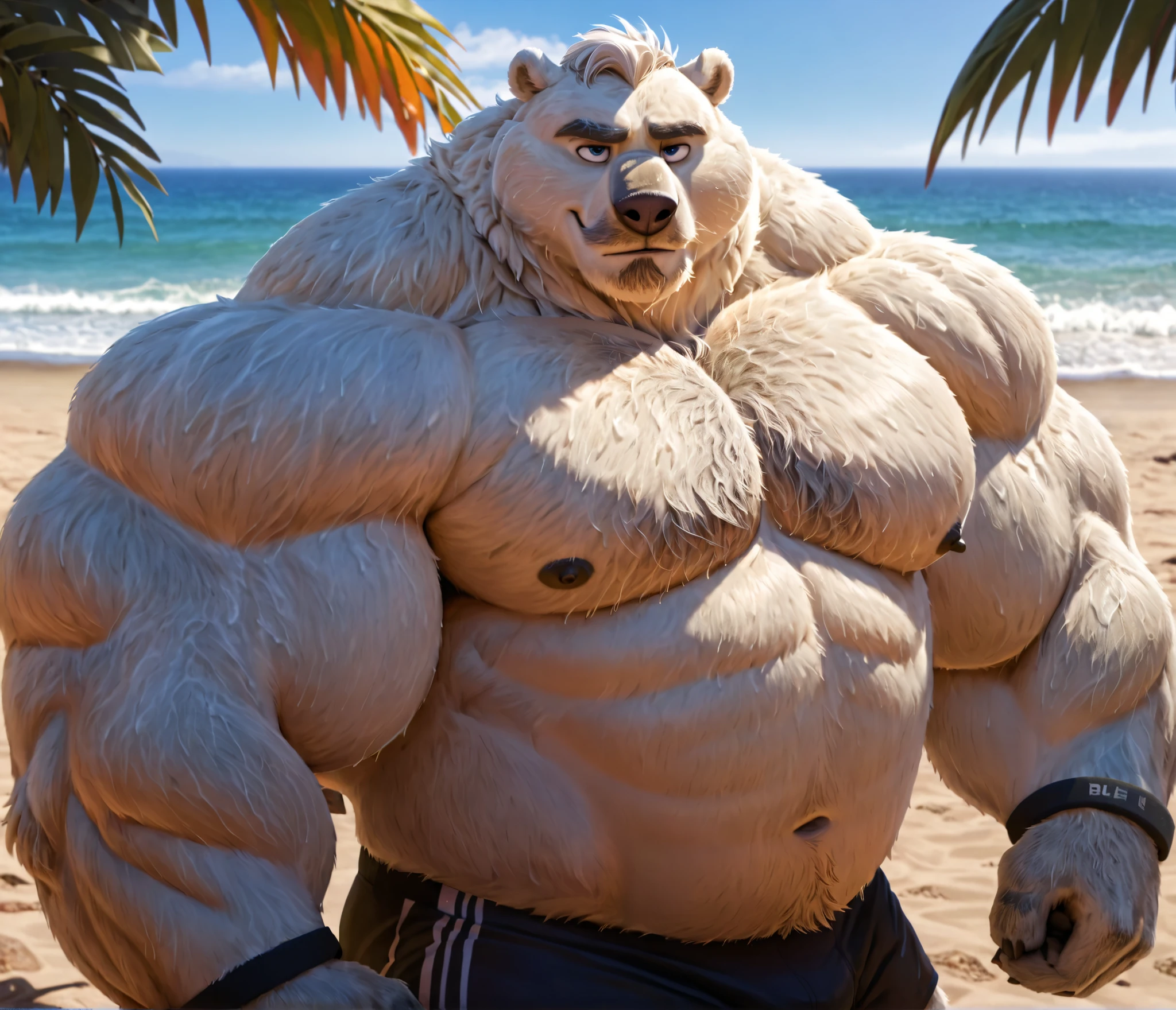 huge bulked up muscular polar bear in Californian beach, big grunting noise, big bulked up flexing body, polar bear, huge white fur, thick arm, huge arm, added gray mustache, added gray beard, short white hair, weight: 440lbs, (veiny bulked up muscular, pectoral, wide pectoral, thick bulky arms), Zootopia, 8k, masterpiece, detailed gray eyebrows, detailed blue eyes with blue pupils, (wearing black short trunks, wristbands, shirtless, topless, half naked and feet), flexing. Seeing how strong he is. Back arched. Shoulders up, roll forward. Elbows out. Forearms at a 30 degree bend.
