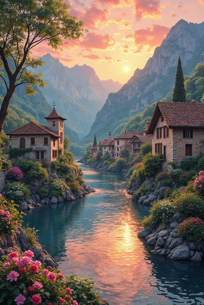 a small village by the river, mountains in the background, floral flowers colorful, detailed landscape, Beautiful natural landscapes, atmospheric lighting, scorching sunset, warm colours, practical, photopractical, Detailed Foliage, complex buildings, cobblestone street, Charming country house, swirly vibrant colors, lush vegetation, Still water reflections, Picturesque, idyllic, work of art, best qualityer, 8k, extremely detaild,anime styling