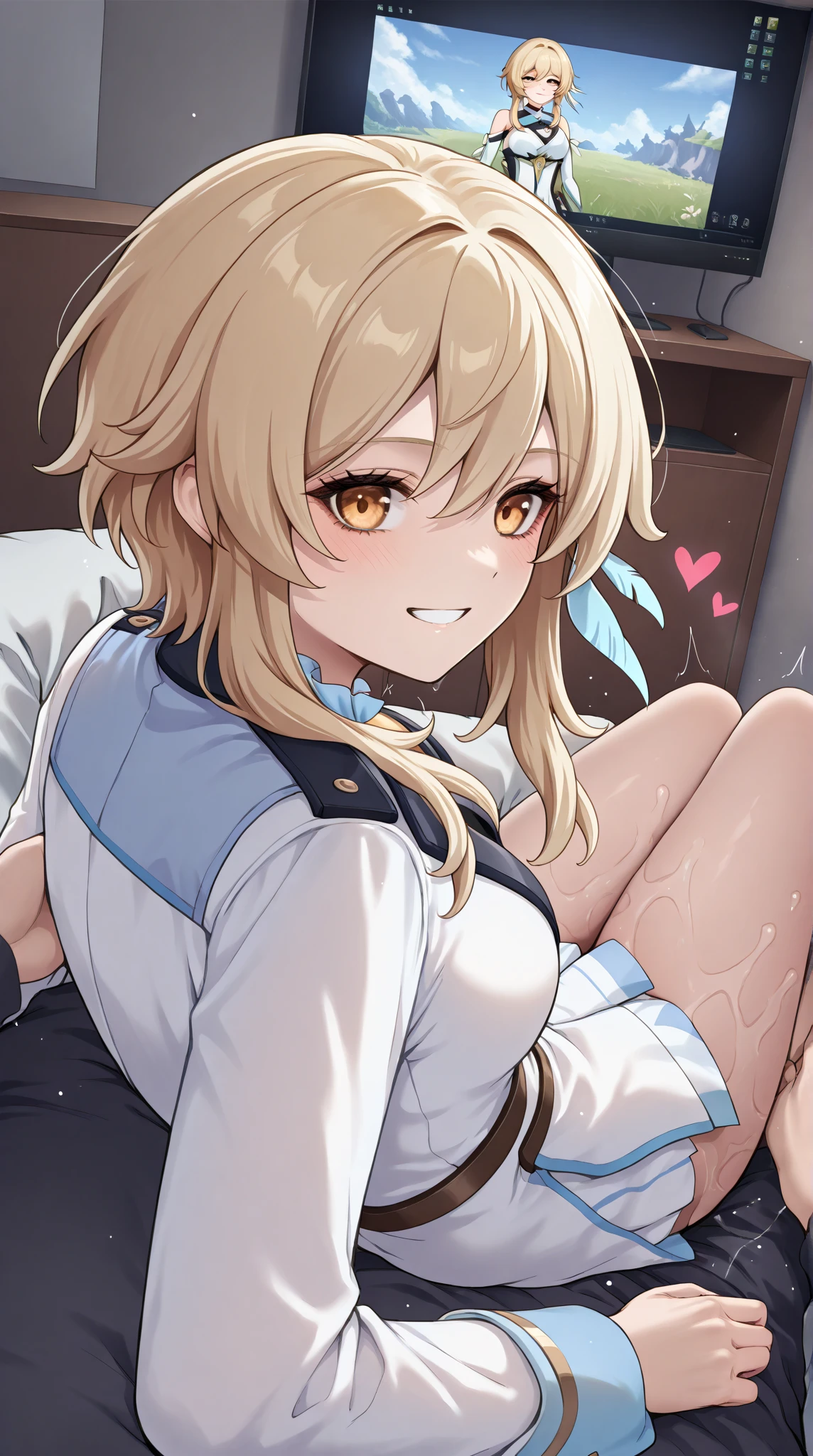 nsfw,1 person,Sweat,White Breath,solo,Pokémon,Lillie,Penis in the crotch,room,(Handjob ejaculation),(soloオナニー),Sit on a chair,Side view