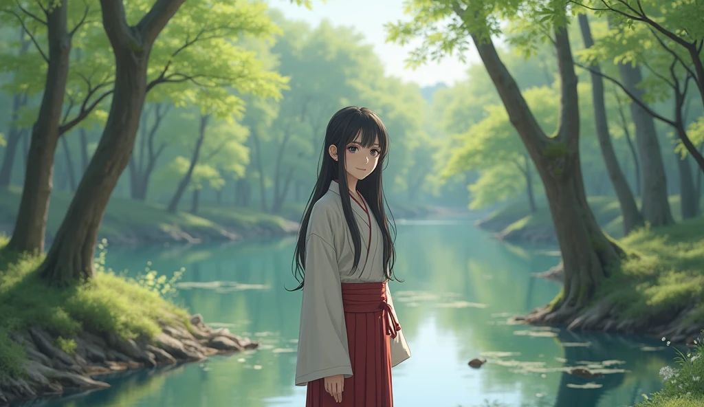A REAL Oriental Japanese girl with 18 years old with lush beyond floor length black hair and see her "whole" thin body wearing thick lambswool traditional Wafuku standing next to a lake inside the forest, must see her whole body. The scenario of forest shows spring view. This graph MUST see girl's "whole thin body", including facial expression like smile, black eye, nose, hands, legs, wearing thick lambswool traditional Wafuku, chest, buttock, with beyond floor length black hair, legs and shoes and whole thin bodies. REAL girl must has "thin body, legs, foot, "LUSH BEYOND FLOOR length hair and face with humanity smile and body" with streamline. Show her front side with happy smile and lush beyond floor length black hair.