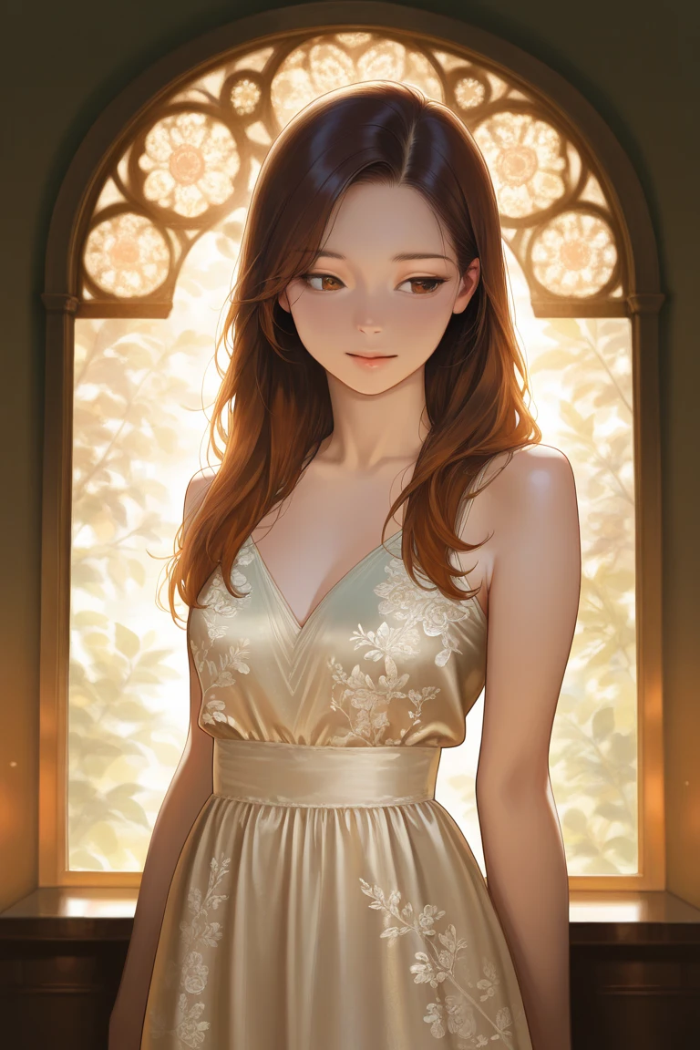masterpiece,best quality,amazing quality,very aesthetic,1girl,detailed portrait of a young woman,realistic  features,warm expression,standing pose,long brown hair,elegant dress,intricate floral patterns,masterful lighting,cinematic atmosphere,warm color palette,photorealistic,8K,HDR,ultra-detailed,physically-based rendering,vivid colors,dramatic lighting