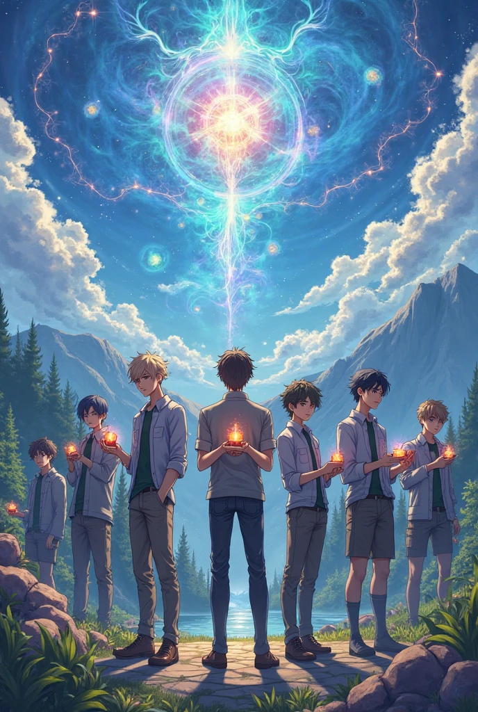 Create 6 20-year-old male characters in the Isekai anime style, in a world of fantasy and magic with a small cube behind each of them