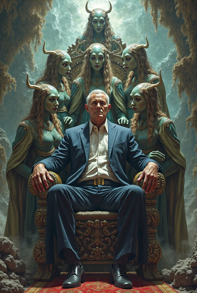 A strong man sitting on a throne surrounded by beautiful and beautiful alien women, they are shaking him and serving. 
He is serious and thoughtful.