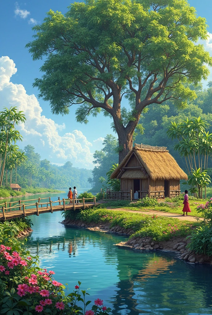  নদী, ফুলের গাছ, কুড়ে ঘর, বাঁশের সাঁকো,  নীল আকাশ, বট গাছ সহ একটা গ্রামের রিয়েল পিকচার বানিয়ে দাও!