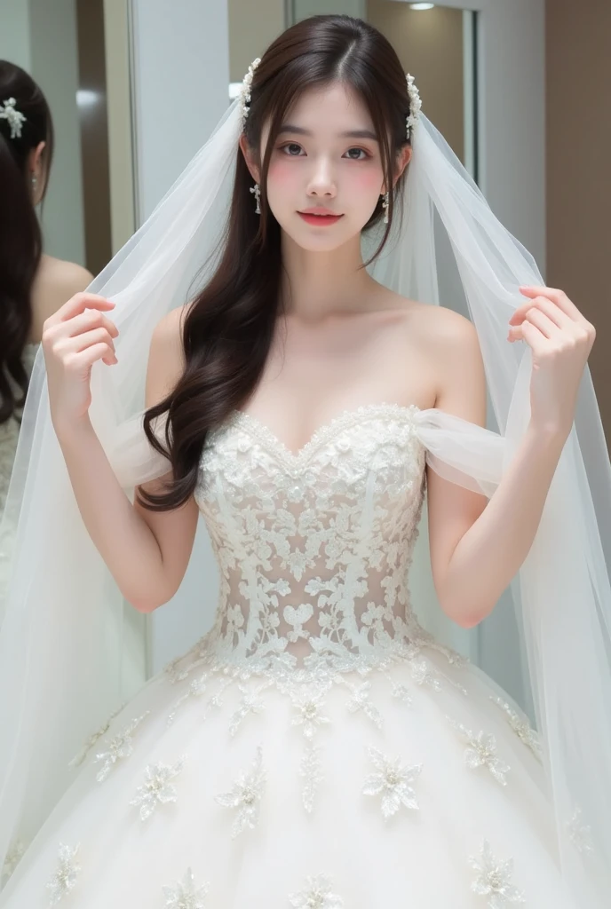 marvelous, gorgeous, noble, 1girl,solo,medium breasts,,jewelry,necklace,white dress,bridal veil,lace-trimmed dress,see-through,wedding dress,, , best quality,masterpiece,highres,official art,
ruanyi0256,bridal veil,lace-trimmed dress,see-through,wedding dress,White Palace,upper body,Tiara,
<lora:0256 louvre queen_v1:0.6>