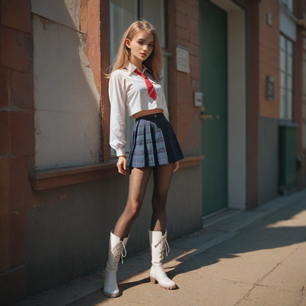 (((There is one girl:1.5))),Waifu E-girl, Cat Ears, Cat Tail, ((Glowing-Pink-Eyes)),(((A tall high school girl with a model figure))),Perfect proportions,(Standing facing this),Full body photography,(wide thighs, Very long legs),Fleshy,Mid-chest,(((Cleavage))),Breast enlargement,swelling of the nipples,Unbutton your shirt,Loafer Asterpiece on the ground:1.3),((8k, Photorealistic:1.4)),((Surreal,RAW Photos, highest quality: 1.4)),((Ultra high definition,Super detailed)), Beautiful Face,((Realistic face),(Brown's shortcuts:1.3)),Short Hair,Disheveled Hair,Fluffy hair,Detailed eyes,Realistic beautiful skin,Golden Ratio,Super cute,Open your mouth a little,smile,High school girl in summer clothes,White shirt,Sweaty,Wetty,(Wet shirt),See-through shirt,Light clothing,Surreal school girl,pleated micro mini skirt,Checkered micro mini skirt,Pleated miniskirt with tartan check,((I can see your panties!!)),pantyhose,(Black Stockings),((Knee-high stockings)),loafers,Esbian all over,High school girl wearing JK uniform,Sexy pose,Anatomically accurate body,Precisely drawn fingers,