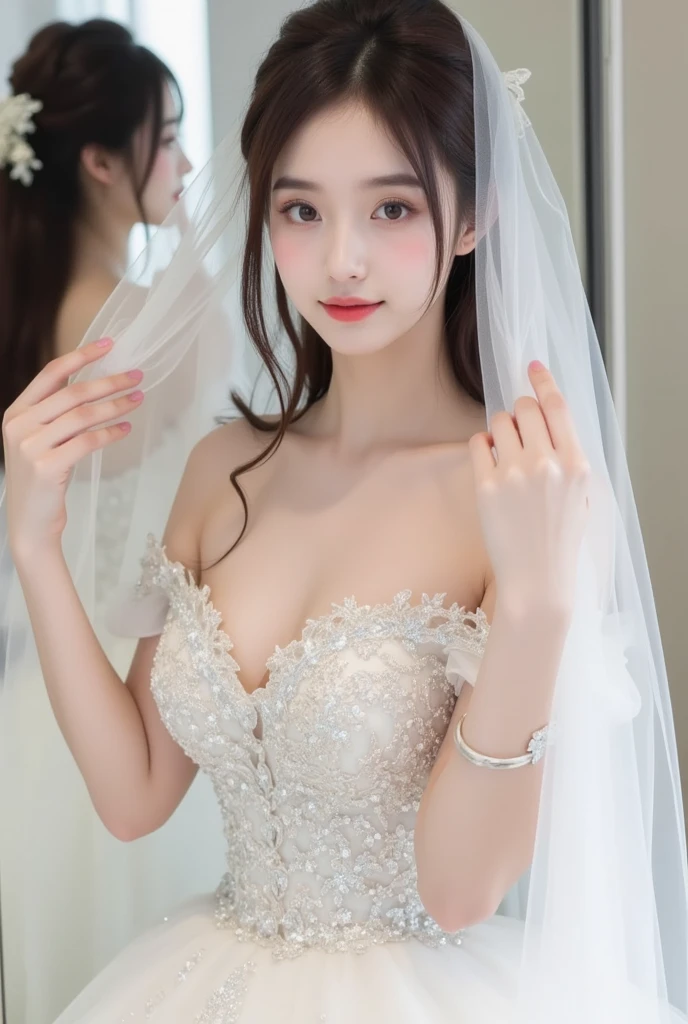 最佳质量，nmasterpiece，UltraHighResolution，（extremely lifelike：1.4），OriginalPhoto，Whitens the skin，simple background，Black eyes，Detail，selfee， 1个女孩，Sun'rays，Large breasts，Bandeau wedding dress，detailed eye，Smile with