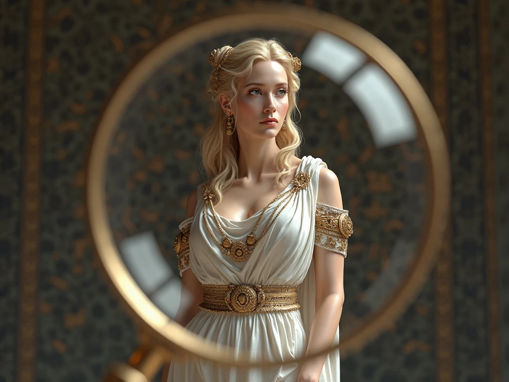 ???? girl, balanced body, long legs, big 1 round, blonde curly hair, white skin, ancient noble greek costume,scene around magnifying glass 