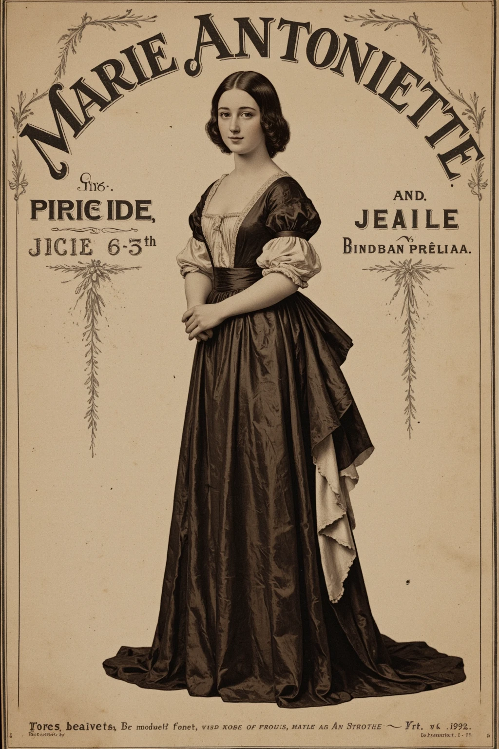VCTRN, Full-body photo of a young prostitute Marie Antoinette for advertising, 19th century photograph, antique photograph, sepia-toned photograph, natural smile, name, price, date,