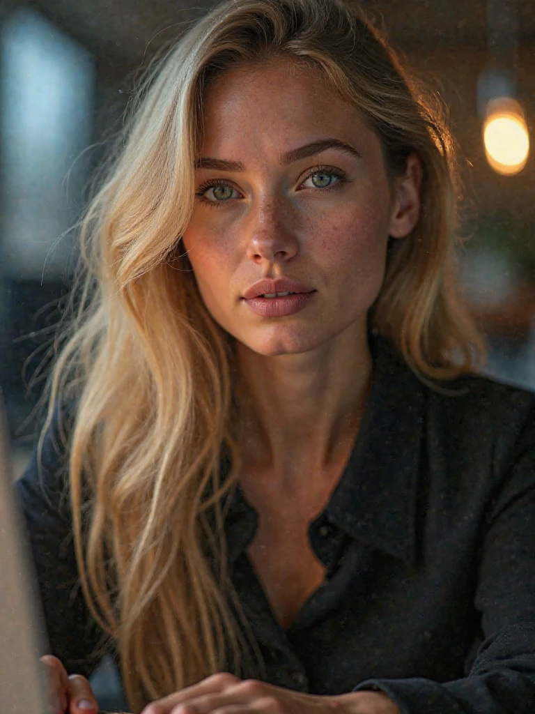 hot muscular woman, blue eyed blonde, light cold weather clothing in a restaurant