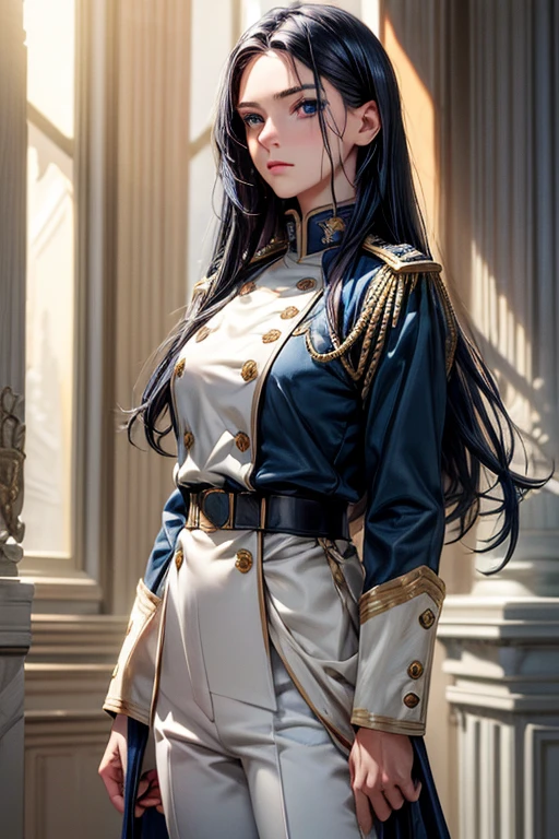 top quality, masterpiece, super high definition, (photorealistic:1.4), RAW Photos, 1 girl, age, dark blue hair, long hair, blue eyes, expressionless, white military uniforms, A gold epaulette , white pants, black boots, standing