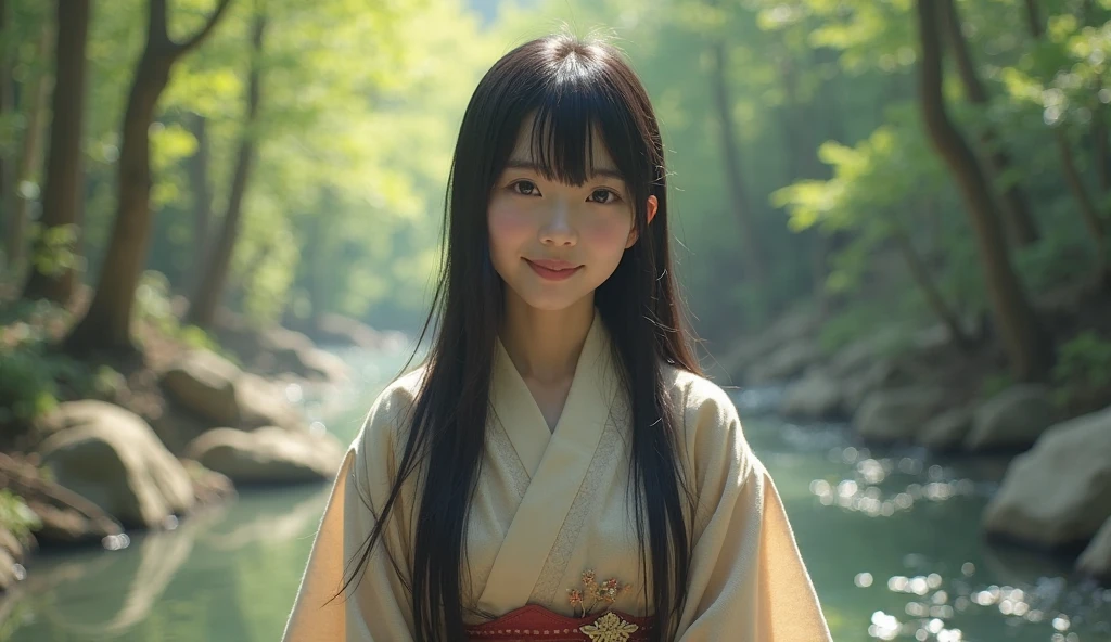 A REAL Oriental Japanese girl with 18 years old with lush beyond floor length black hair and see her "whole" thin body wearing thick lambswool traditional Wafuku standing nearby hot springs inside the forest, must see her whole body. The scenario of forest shows spring view. This graph MUST see girl's "whole thin body", including facial expression like smile, black eye, nose, hands, legs, wearing thick lambswool traditional Wafuku, ?????, buttock, with beyond floor length black hair, legs and shoes and whole thin bodies. REAL girl must has "thin body, legs, foot, "LUSH BEYOND FLOOR length hair and face with humanity smile and body" with streamline. Show her front side with happy smile and lush beyond floor length black hair.