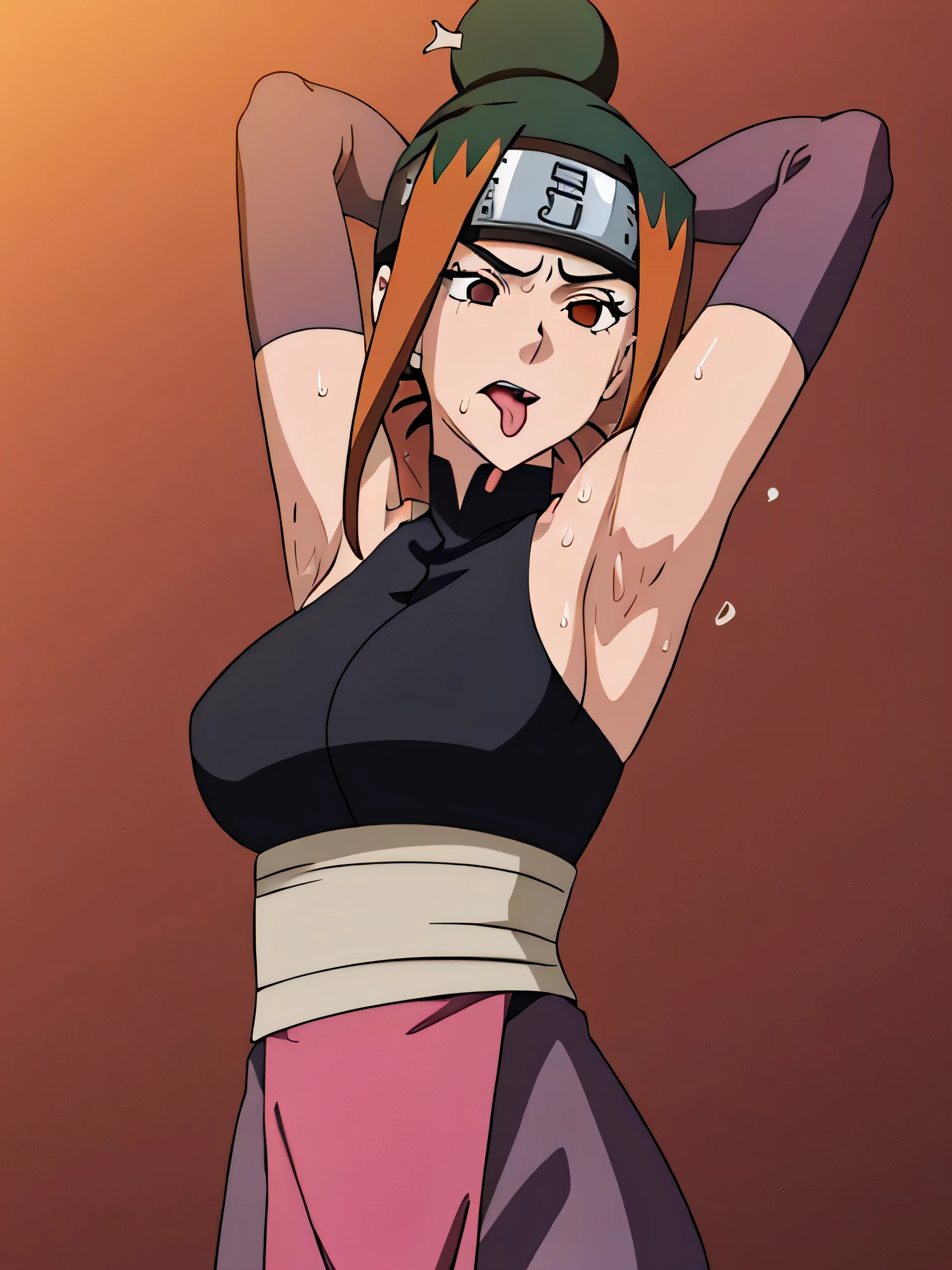 Pakura,human woman with fair skin. She has black eyes and blackish orange clothing. Her hair is black in color; She is beautiful.Tsundere face. Pink eye shading,mature appearance,armpits,sweat,sweaty,sweaty armpits,arms up,showing armpits,awesome armpits,outfit,blackish red arm warmers,maroon arm bands,maroon arm warmers,showing tongue,tongue out,wearing Konoha headband.