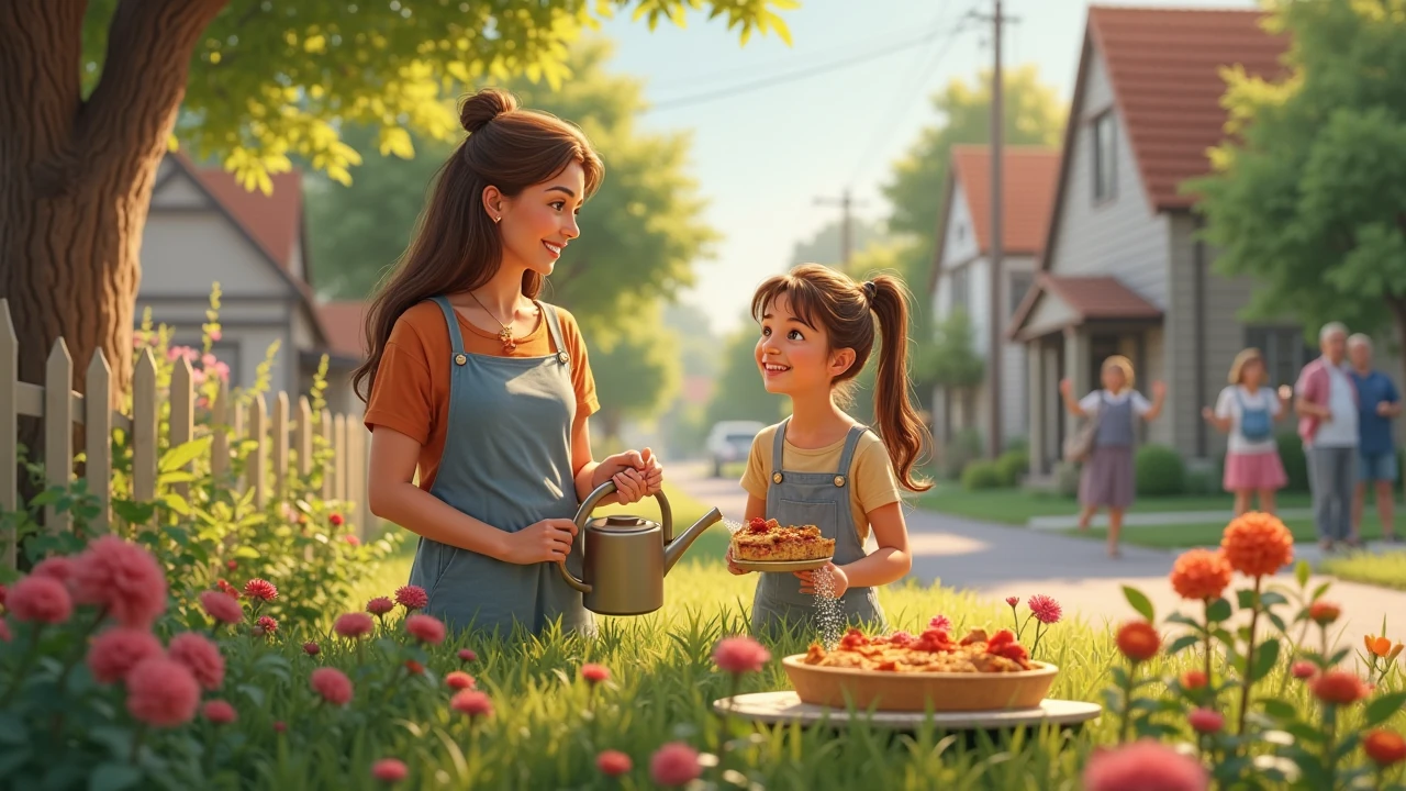 Scene 23: Neighbors wave from across the street as the woman and Lily water the garden. A slice of pie sits on a nearby plate.
