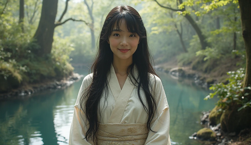 A REAL Oriental Japanese girl with 18 years old with lush beyond floor length black hair and see her "whole" thin body wearing thick lambswool traditional Wafuku standing nearby hot springs inside the forest, must see her whole body. The scenario of forest shows spring view. This graph MUST see girl's "whole thin body", including facial expression like smile, black eye, nose, hands, legs, wearing thick lambswool traditional Wafuku, chest, buttock, with beyond floor length black hair, legs and shoes and whole thin bodies. REAL girl must has "thin body, legs, foot, "LUSH BEYOND FLOOR length hair and face with humanity smile and body" with streamline. Show her front side with happy smile and lush beyond floor length black hair.