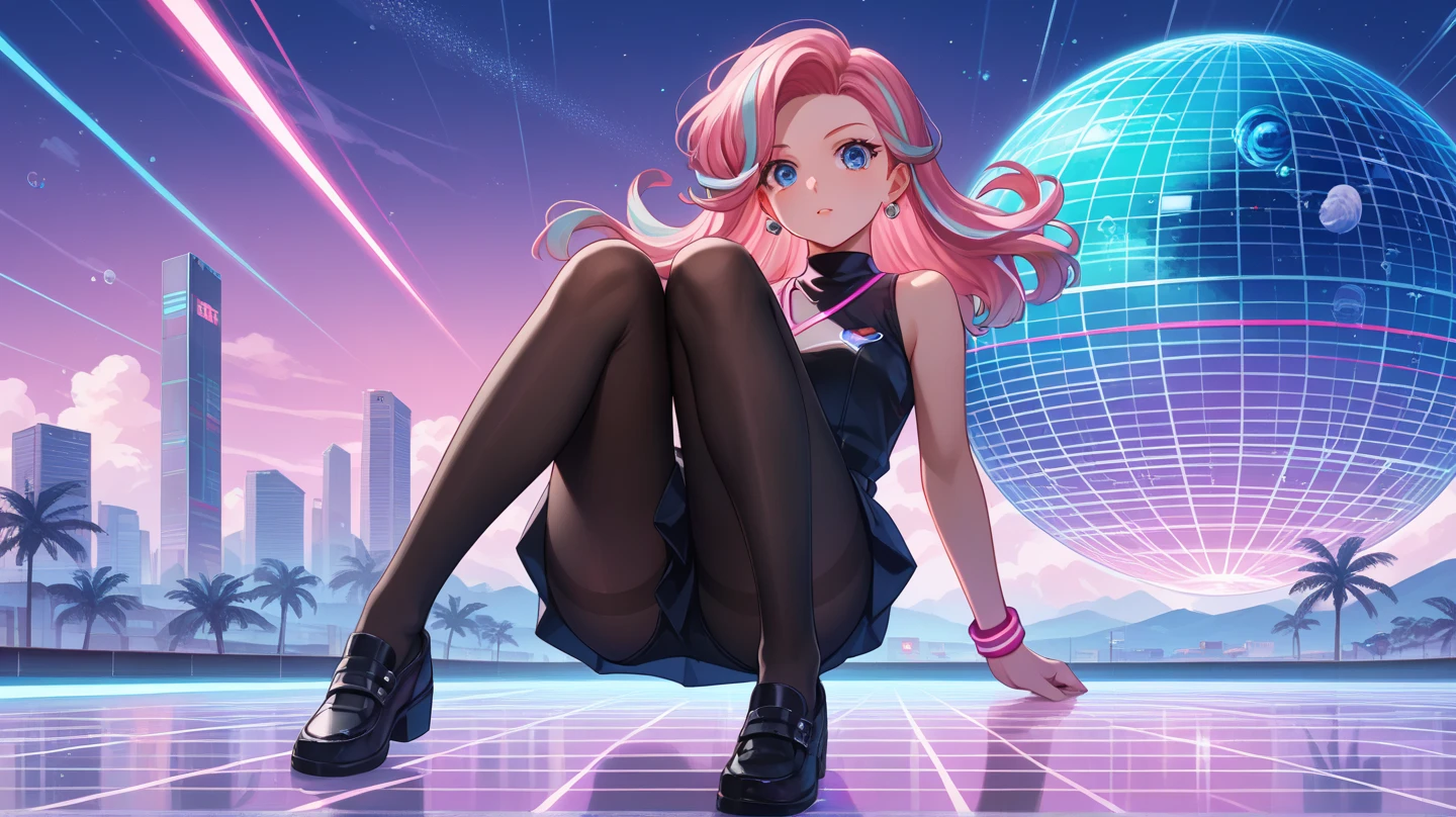 vaporwave-inspired scene, focus on a woman's legs in black pantyhose, viewed from a slightly angled side perspective, surrounded by a dreamy cyber-retro cityscape with glowing grid floors, gradient pink and purple sky, and a neon-lit atmosphere. Silhouette lighting highlights her legs, background softly blurred for a mystical feel. A reflective pink-gradient disco ball floats in the background, scattering shimmering light particles. High detail, soft shadows, surreal and nostalgic mood.
