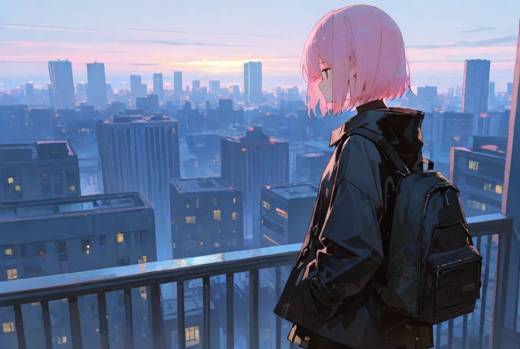 masterpiece, best quality, highly detailed,1girl, building, city, cityscape, cloud, cloudy_sky, day, jacket, long_hair, outdoors, overcast, pink_hair, pouch, rain, rooftop, ruins, scarf, scenery, sky, skyscraper, thighhighs,