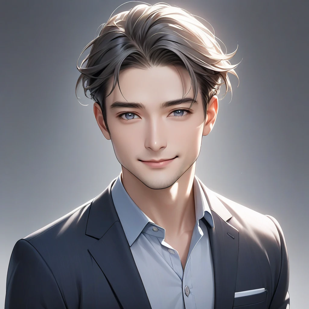 Confident and friendly male character in his 30s wearing a navy or charcoal gray jacket, no tie, office casual style, and a calm smile. The background is clean white or light blue. The character is depicted facing forward from the shoulders up. The style is semi-realistic or softly illustrated, expressing trust, intelligence, and modernity. The small, circular icons are made visible through crisp contrasts and clear lines. There is no text or extraneous extraneous elements.