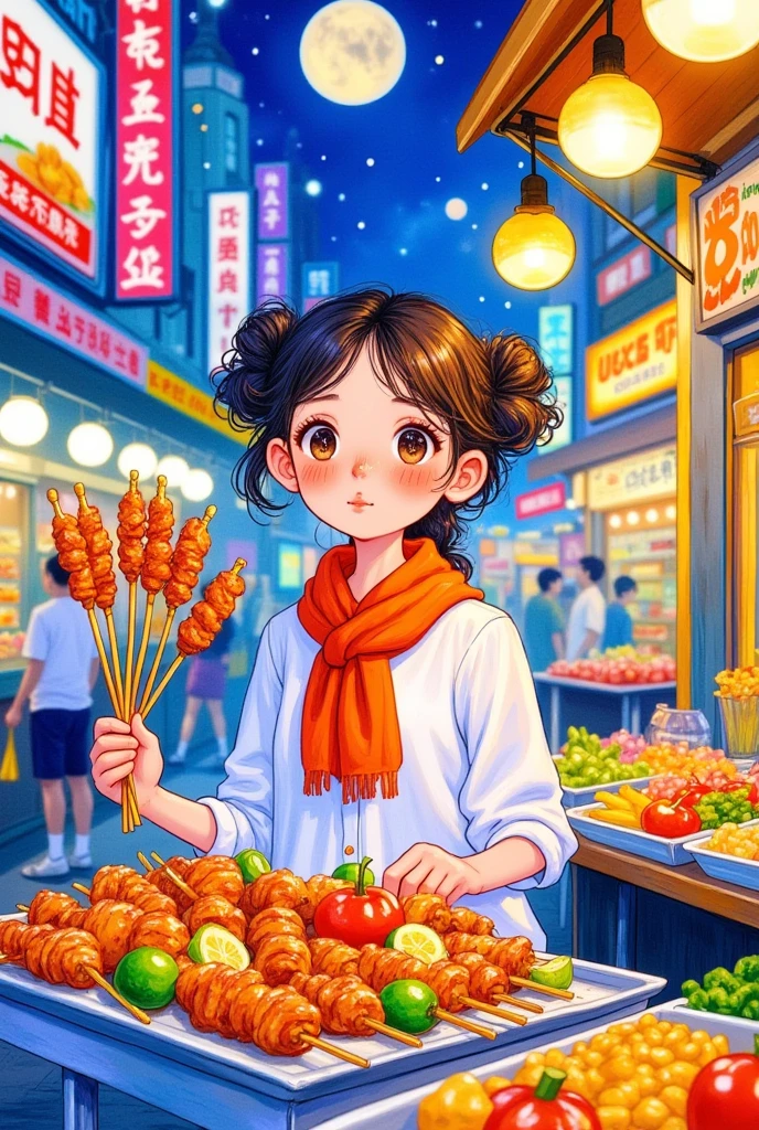 lbsc, Watercolor, watercolor_(medium),Vibrant high-resolution photo of a bustling night market, featuring a cartoon-style young woman behind a street food stall, wearing a crisp white shirt and a vibrant orange scarf. She holds multiple skewers of marinated mouthwatering of metal a Wafting of grilled delights, arranged vegetables a, set against a kaleidoscope of neon lights, billboards, and storefronts. Warm golden light from streetlights and food stalls creates a cozy, inviting atmosphere, capturing the essence of a live urban night market.