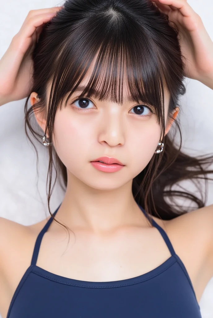 masutepiece, Best Quality, 8K, 10yaers old, Teen, Raw photo, absurderes, award winning portrait, Smile, Solo, Idol face, Delicate girl, Upper body, Digital SLR, Looking at Viewer, Candid, Sophisticated, Thin arms, Professional Lighting, Film grain, chromatic abberation, (Eyes and faces with detailed:1.0), (Bokeh:1.1) , Distant perspective , bed , laying on back , Perspective from above , closes mouth , Soccer Uniforms , A dark-haired , dishevled hair, tiny chest , Dressing