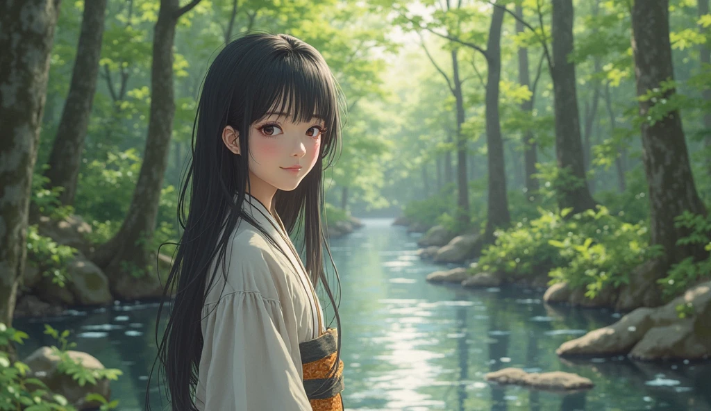 A REAL Oriental Japanese girl with 18 years old with lush beyond floor length black hair and see her "whole" thin body wearing thick lambswool traditional Wafuku standing nearby hot springs inside the forest, must see her whole body. The scenario of forest shows spring view. This graph MUST see girl's "whole thin body", including facial expression like smile, black eye, nose, hands, legs, wearing thick lambswool traditional Wafuku, chest, buttock, with beyond floor length black hair, legs and shoes and whole thin bodies. REAL girl must has "thin body, legs, foot, "LUSH BEYOND FLOOR length hair and face with humanity smile and body" with streamline. Show her front side with happy smile and lush beyond floor length black hair.