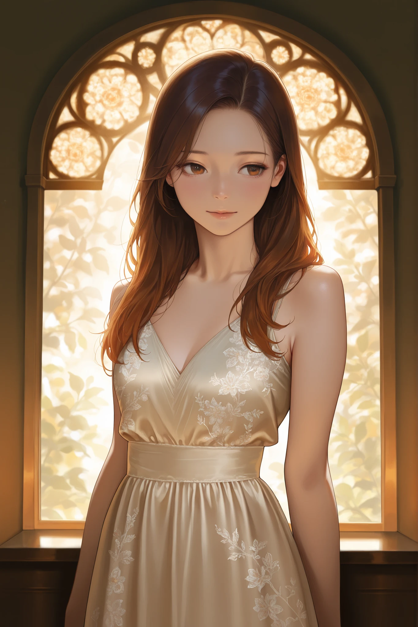 masterpiece,best quality,amazing quality,very aesthetic,1girl,detailed portrait of a young woman,realistic  features,warm expression,standing pose,long brown hair,elegant dress,intricate floral patterns,masterful lighting,cinematic atmosphere,warm color palette,photorealistic,8K,HDR,ultra-detailed,physically-based rendering,vivid colors,dramatic lighting