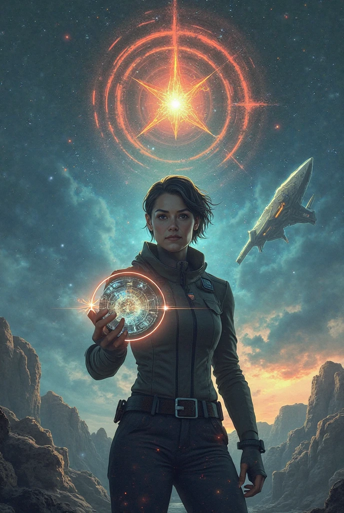 "Create a gripping thumbnail for a sci-fi story full of excitement and hope. In the center is Anna, a brave woman with short hair and determined look, a captured alien device (z. B. a glowing hologram With the map of the galaxy) in her hands. behind her rises a threatening, dark Korgoth ship with red accents, the. At the top of the picture shimmers the golden Älthar ship, half covered by stars, as a symbol for mystery and turning. Set the symbol of the Three Rays (a circle with three golden lines) as a glowing detail,  to arouse curiosity . use a contrasting color palette with blue (Himmel), Rot (Gefahr) und Gold (Hoffnung). Place the text 'THEY HUNT US — WE STRIKE BACK' in bold, white lettering with a red border at the top or bottom. Keep it epic and dynamic, floats above a rugged earth without  or gloomy elements — just pure, Intoxicating energy!"