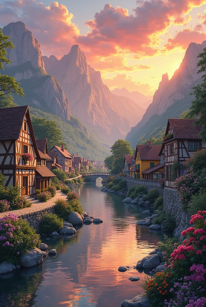 A small town by the river, mountains in the background, colorful floral flowers, detailed landscape, beautiful natural landscapes, atmospheric lighting, scorching sunset, warm colors, practical, photographic, detailed foliage, complex buildings, cobblestone street, charming country house, vibrant colors, lush vegetation, reflections in the water,  picturesque, idyllic, artwork, better quality, 8K, extremely detailed, anime style