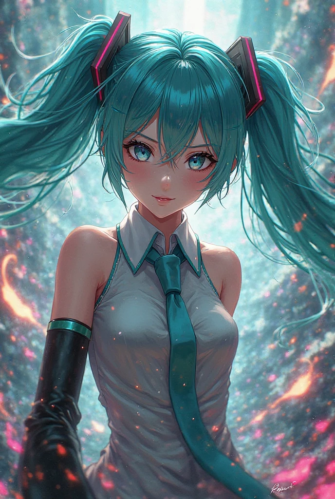 Hatsune miku anime, vibrant powerful background, intimidating