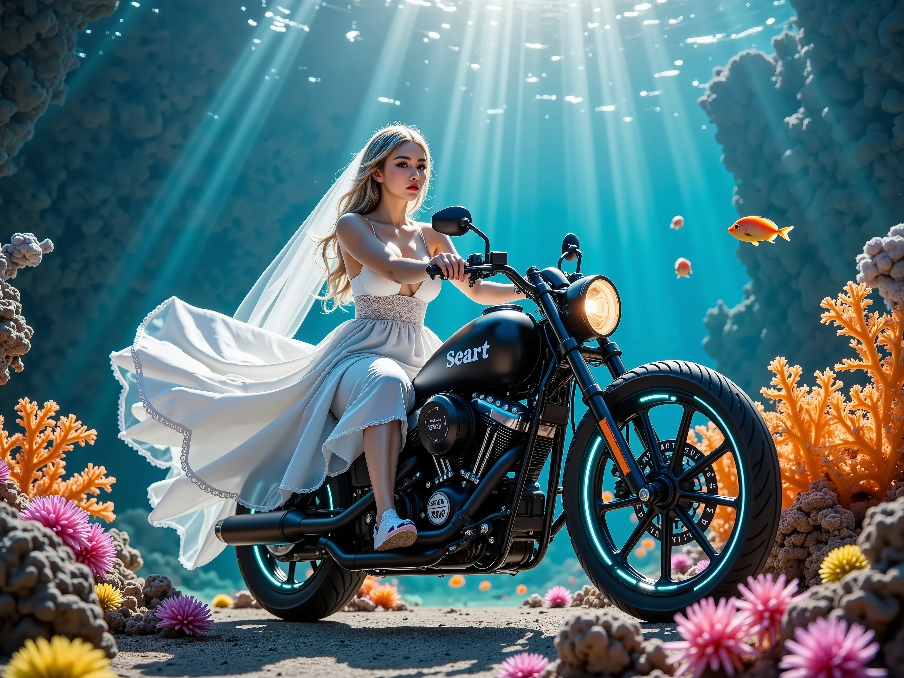 Score_9, Score_8_up, Score_7_up, Score_6_up, Score_5_up, Score_4_up, A breathtakingly beautiful woman in a flowing, elegant wedding dress rides a cyberpunk-style motorcycle along the ocean floor. The motorcycle features neon-glowing tires with wide low-rider proportions, chopper-style handlebars, and sleek cybernetic plating with subtle holographic accents. On the fuel tank of the bike, the words “sea art” are stylishly printed like a glowing emblem or engraved logo, integrated naturally into the design.
Her veil and hair float in the water, trailing with motion, adding grace and freedom to her confident expression. The wedding dress billows gently, catching light with soft translucency and shimmer.
Surrounding her, a vividly colorful coral reef stretches across the seabed—radiant orange, aqua blue, hot pink, sun yellow, and lilac coral textures blending organically. A vibrant school of tropical fish moves in a natural, swirling circular formation around her, creating a living halo of color and motion.
Golden-hour sunlight filters from the surface, casting warm beams through the water, filling the scene with cinematic glow. Particles and bubbles reflect light like underwater stardust. The atmosphere is dreamy and fantastical—fusing cyberpunk flair with natural marine beauty, elegance, and momentum.